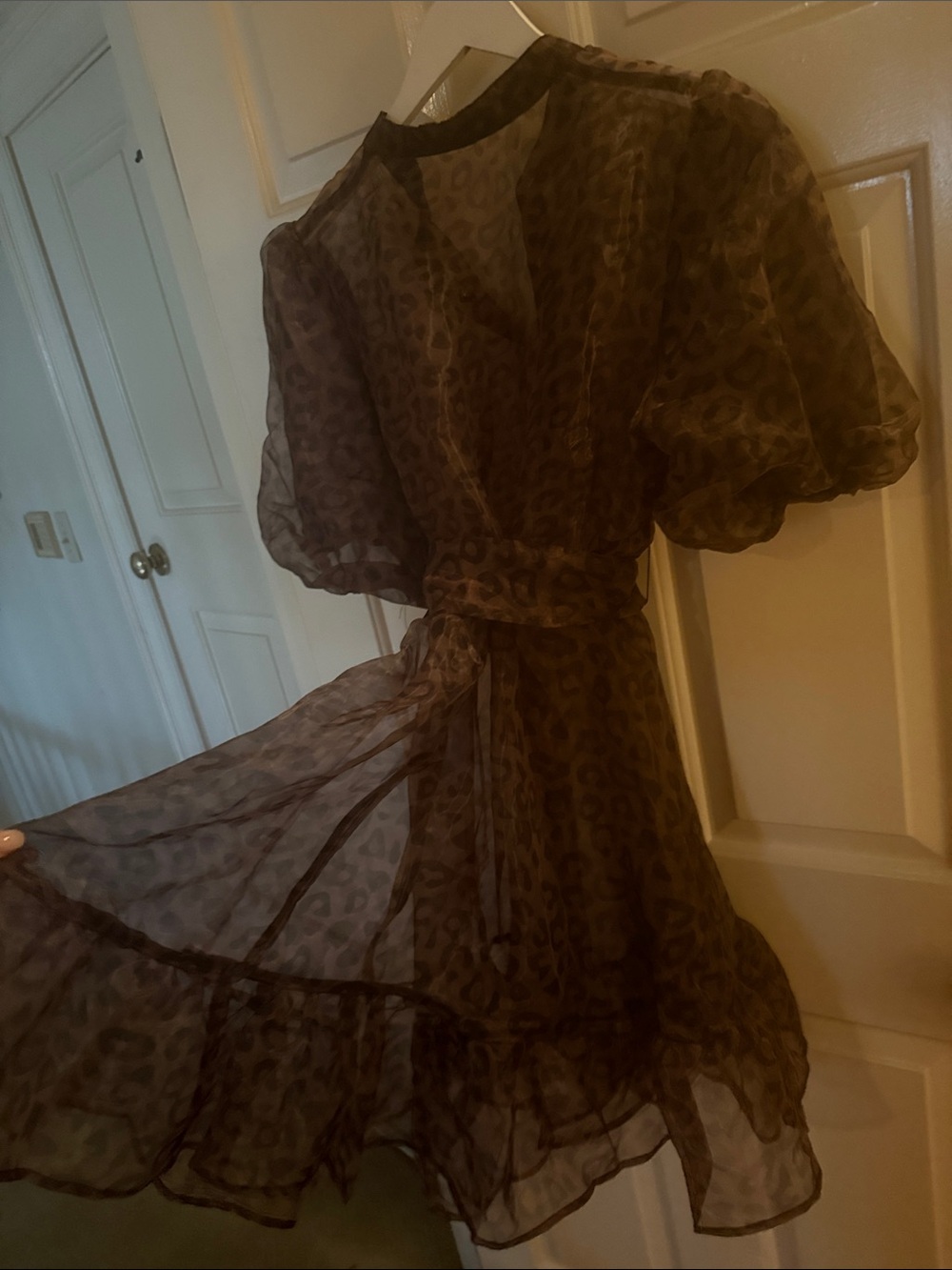 Sheer Brown Leopard Print Puff-Sleeve Dress - Picture 6 of 6